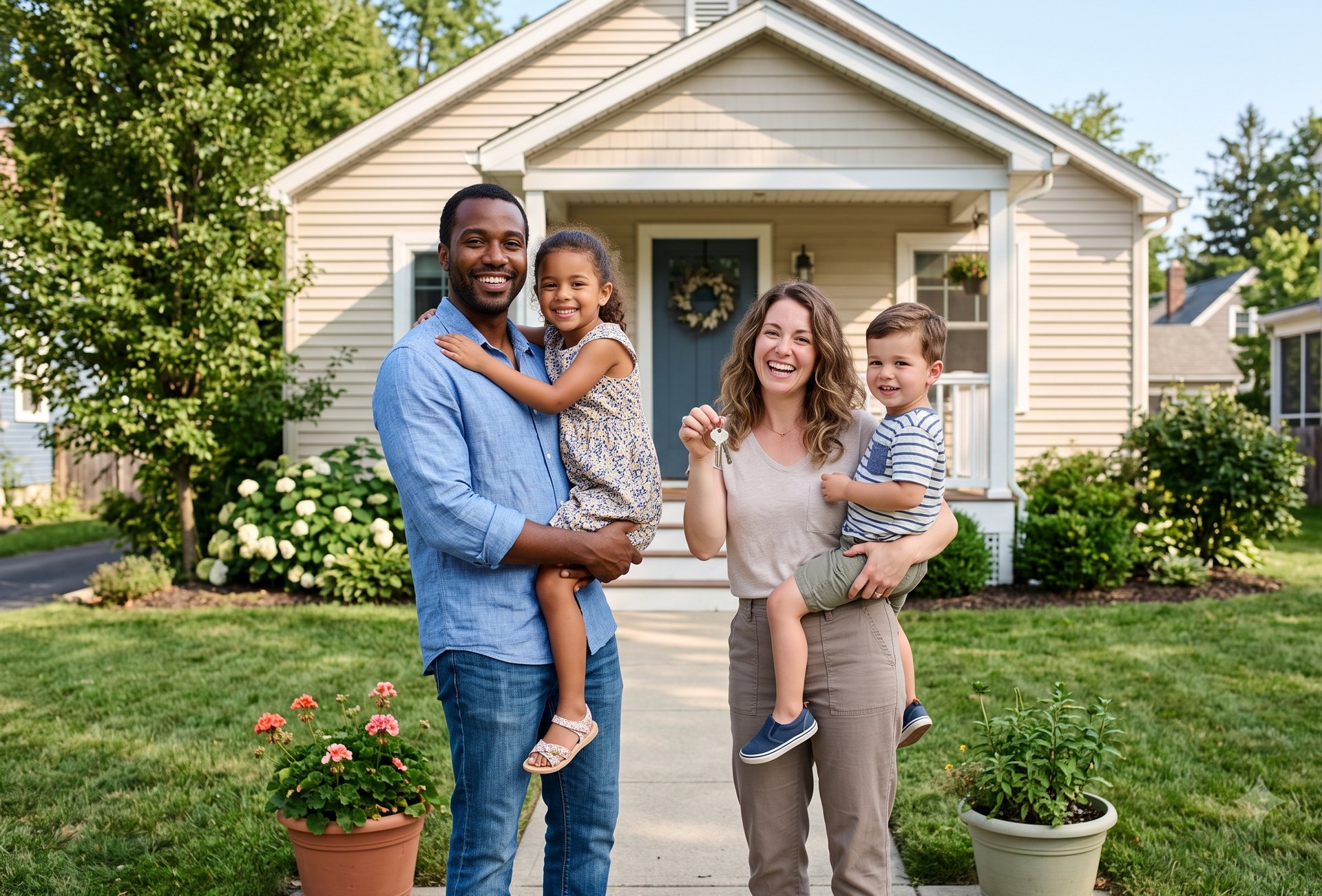 A family standing in front of their new home, holding the keys