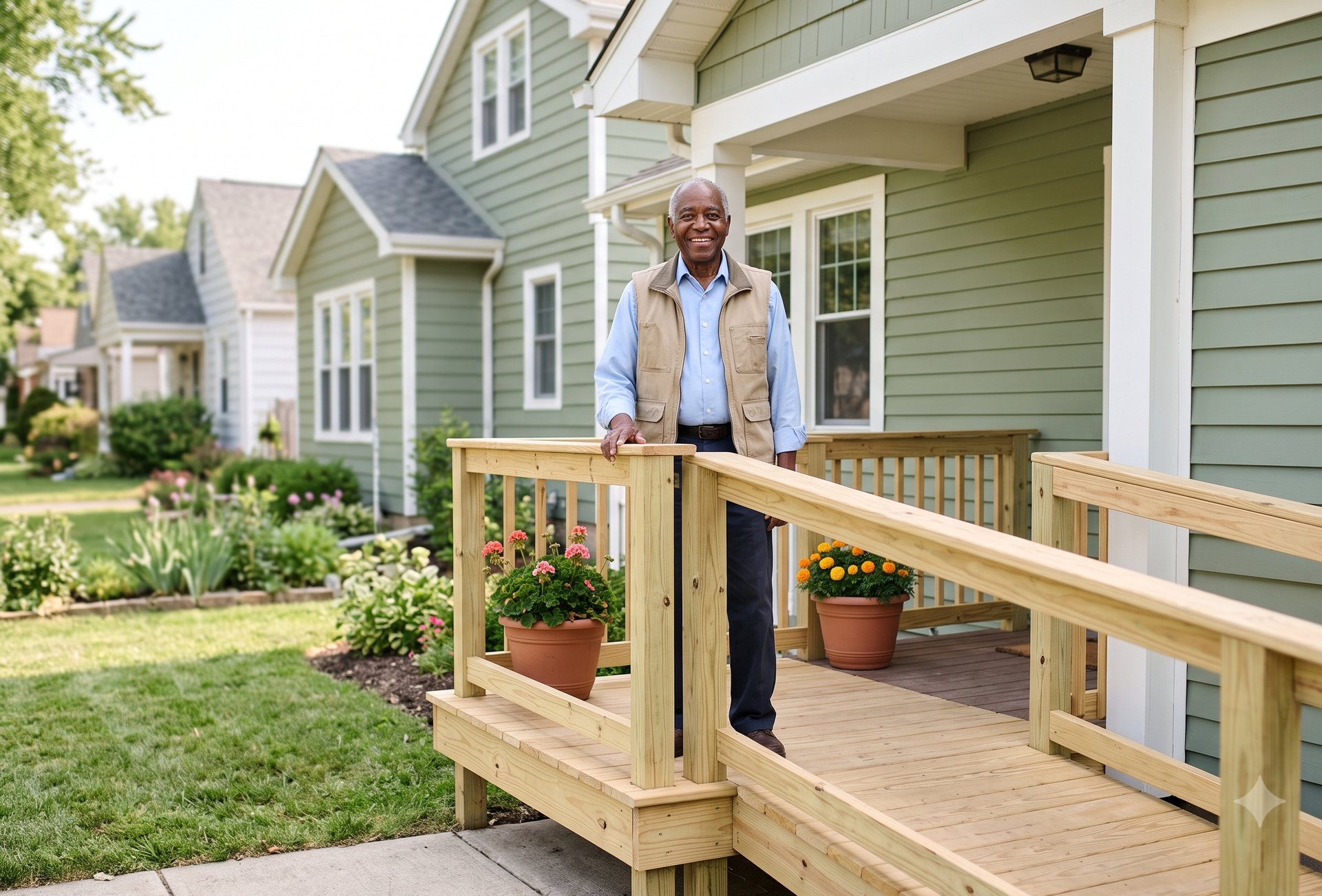 An older homeowner on the porch of a repaired home with a new accessibility ramp